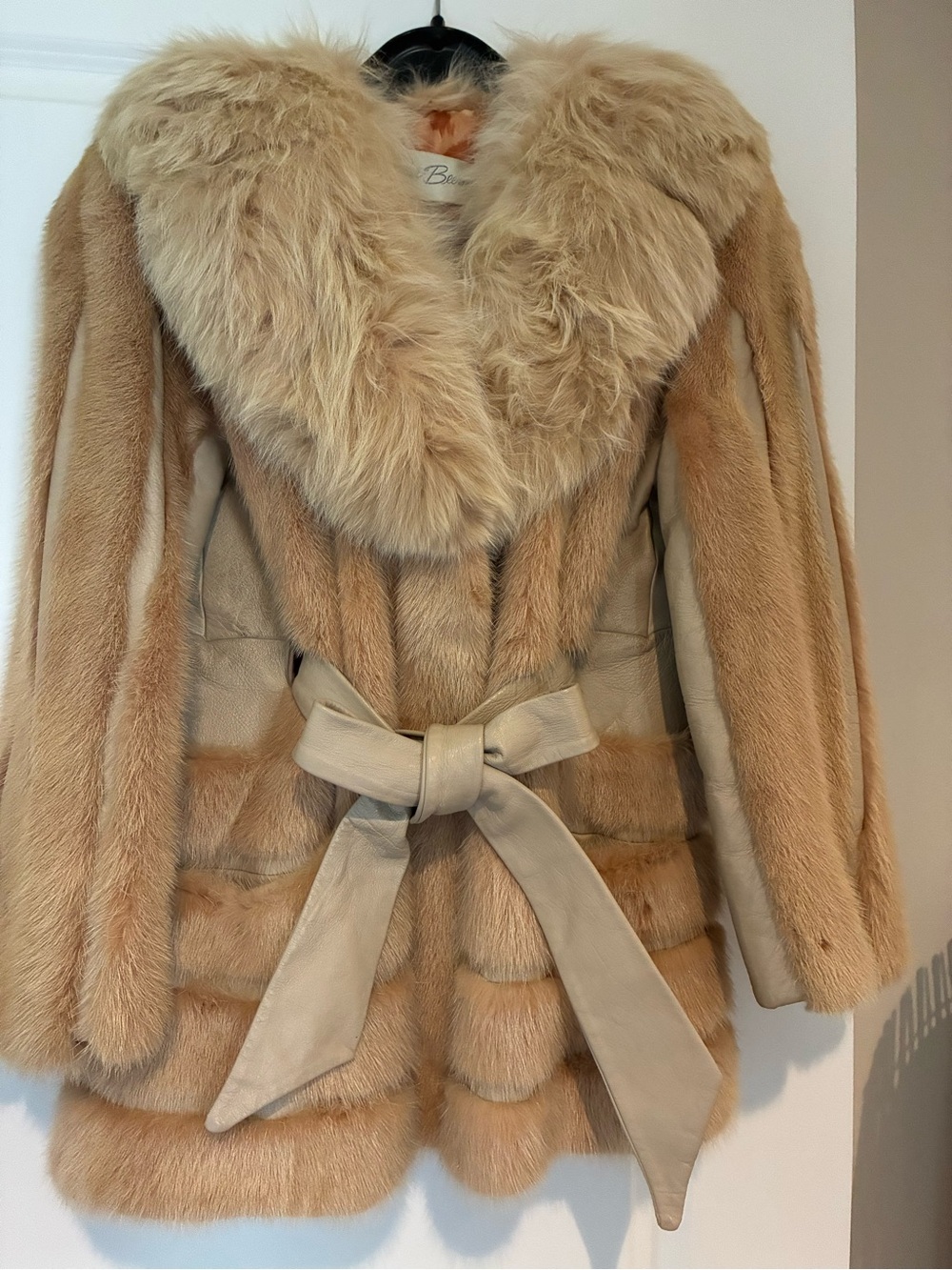 Luxurious Beige mink Fur Belted Women's Coat